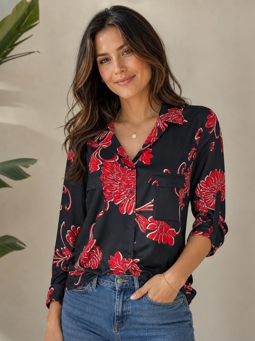 Madison Long Sleeve Button Up Blouse Sz XL Floral Pockets Roll Tab Sleeves Red